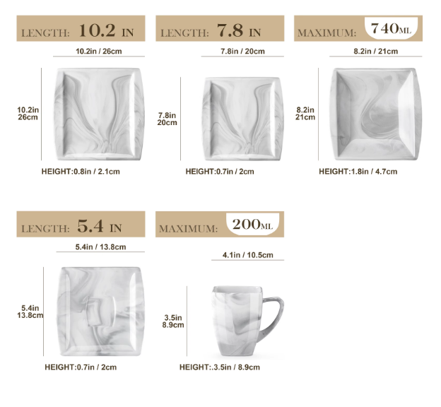 Measurement chart of ceramic products with dimensions and Malacasa logo.